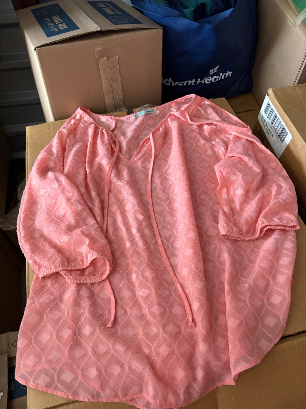 Women's Coral Pink Tie-Neck Textured Cold Shoulder Blouse